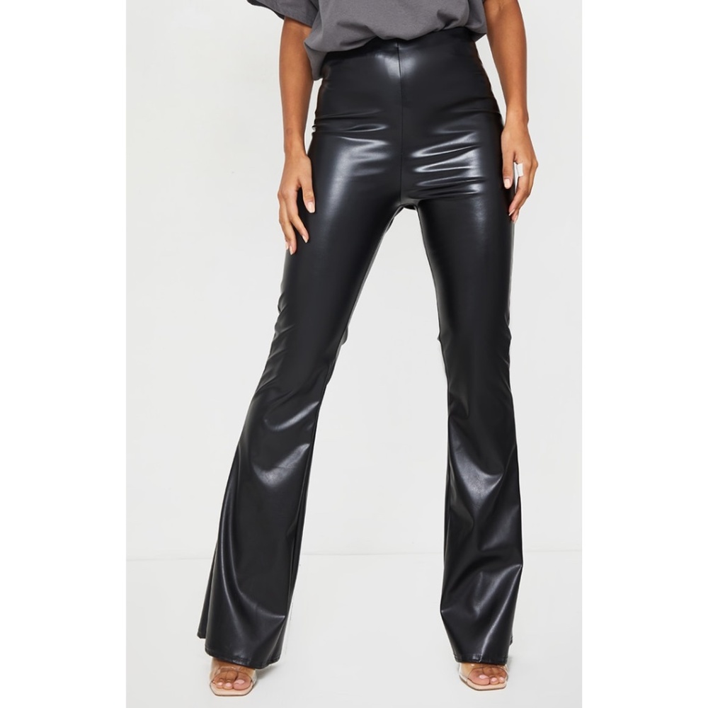 NWT - BLACK FLARE FAUX LEATHER RUCHED PANTS